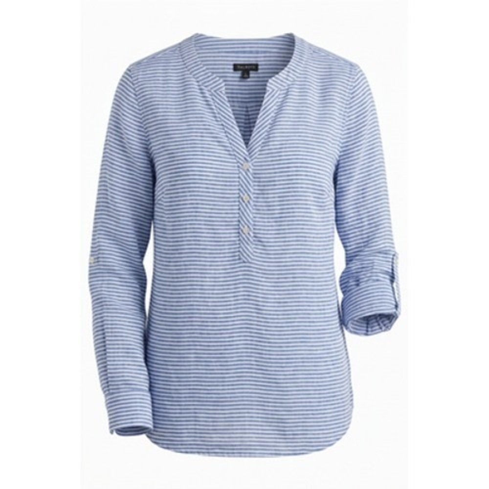 Talbots 100% Linen Striped Henley Tunic Top Women L Blue Roll Tab Sleeve Coastal